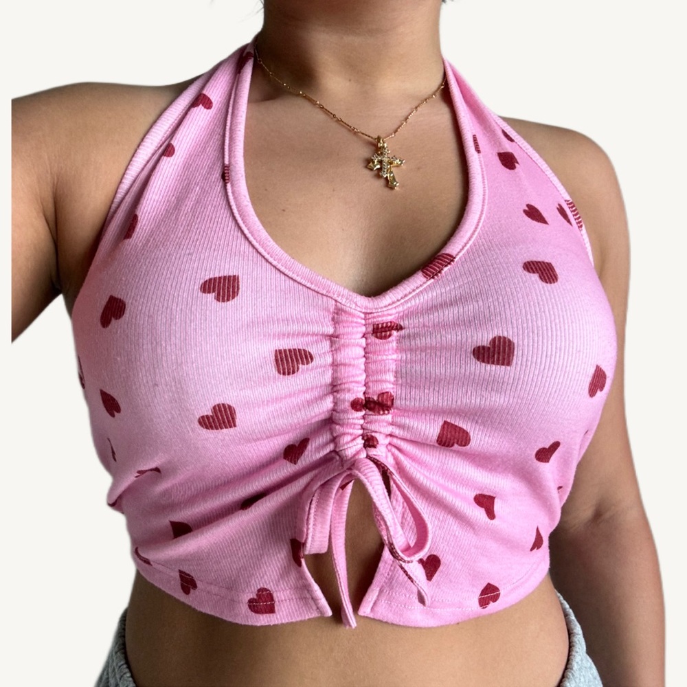 pink & red halter ruched crop top